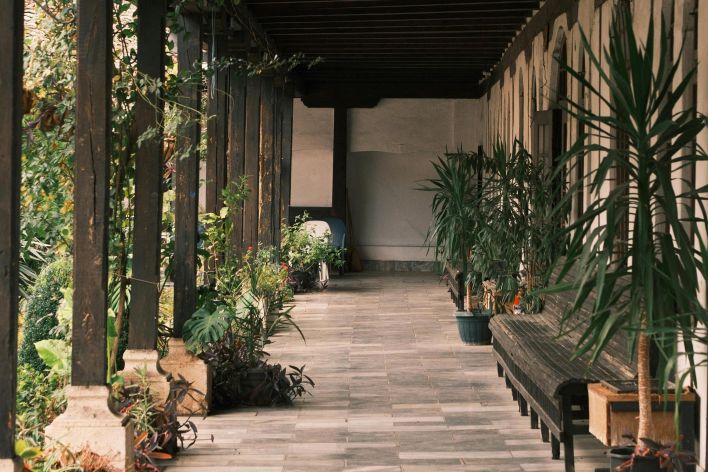 A rustic veranda featuring lush potted plants and vintage architecture, offering a serene and inviting pathway.